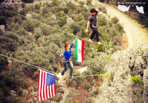 Iranian and US flags side by side. Mohammad Reza Abaee and Sonya Iverson. Photo by Kiavash Sharifi.